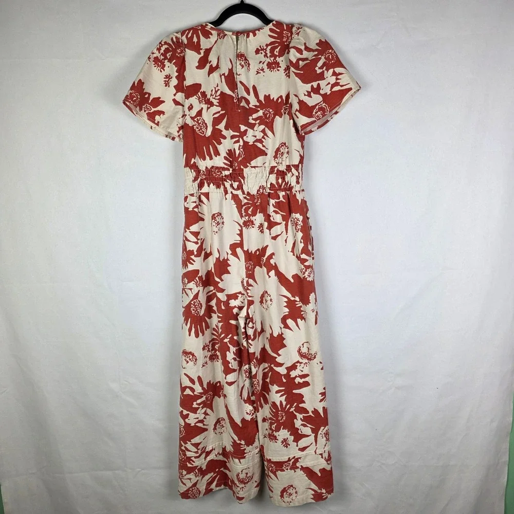 Anthropologie Rust Floral Wide Leg Jumpsuit XXS V-Neck Smocked Waist OB1673099 - Picture 3 of 9